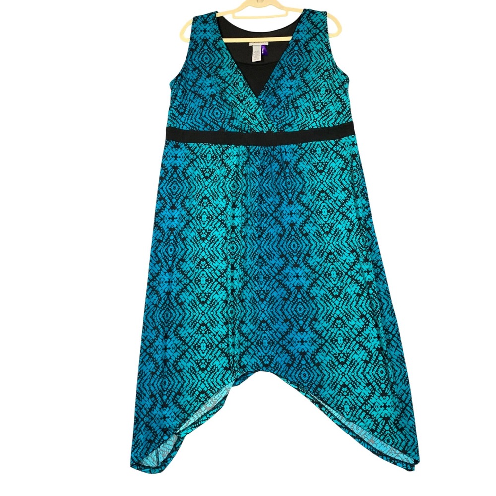 Catherines Maxi Dress Womens 0XWP 14/16WP Teal Black Tribal Handkerchief Hem Exc